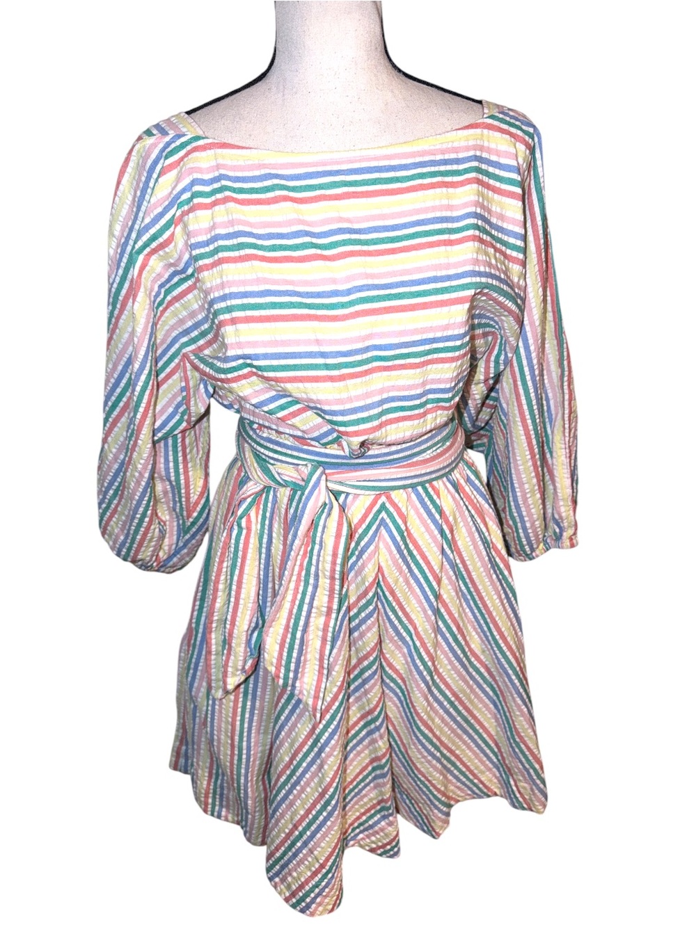 J.Crew Pastel Rainbow Stripe Seersucker Tie-Waist Mini Dress XS